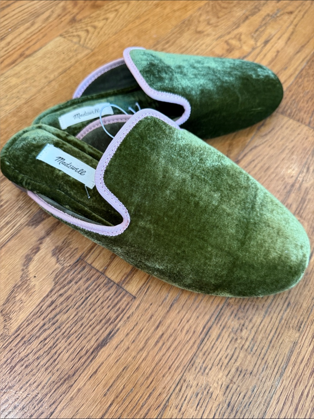 Madewell NWT Olive Green Velvet Slip-On Mules with Light Pink Trim Sz 8
